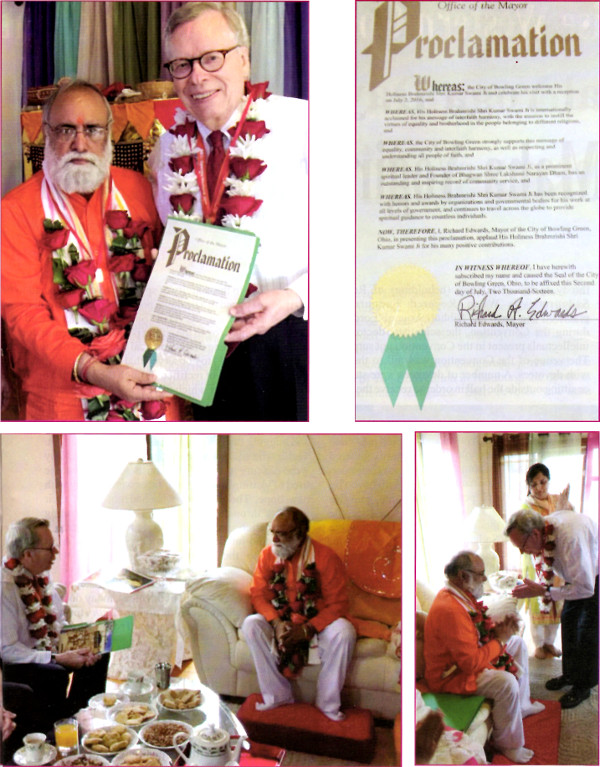 Revered Mahamandleshwar Brahmrishi Shree Kumar Swami Ji being honoured with a Proclamation by Hon'ble Mayor Richard Edwards, City of Bowling Green, Ohio, USA
